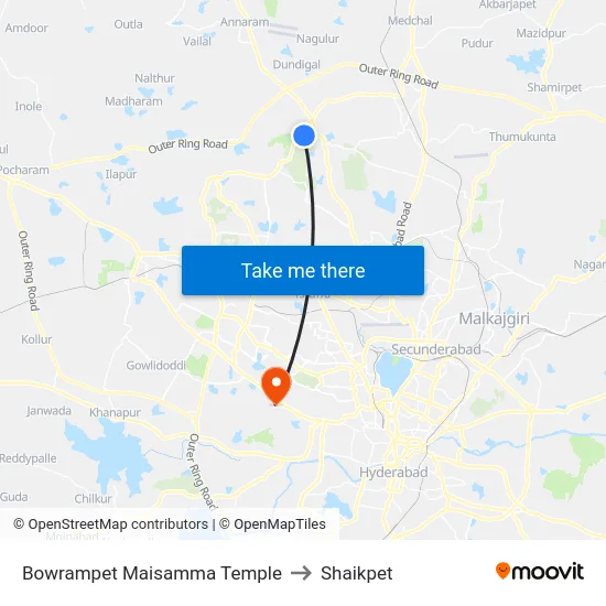 Bowrampet Maisamma Temple to Shaikpet map