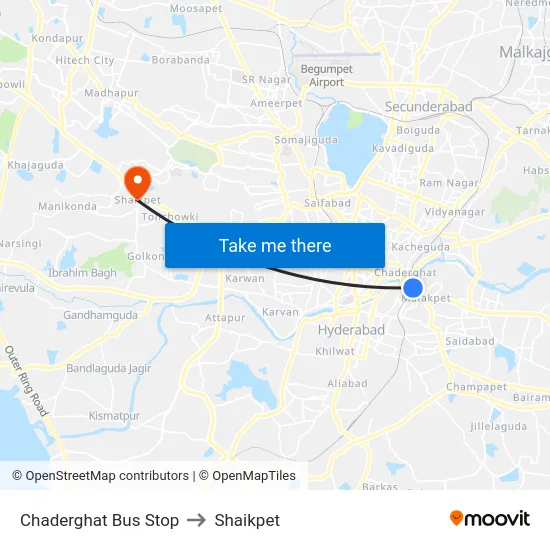 Chaderghat Bus Stop to Shaikpet map