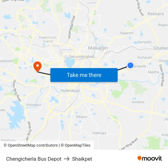 Chengicherla Bus Depot to Shaikpet map