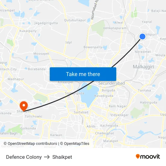 Defence Colony to Shaikpet map