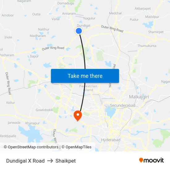 Dundigal X Road to Shaikpet map