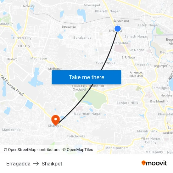 Erragadda to Shaikpet map