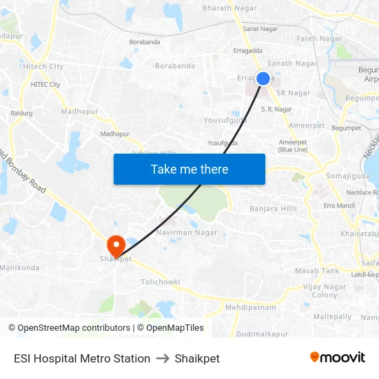ESI Hospital Metro Station to Shaikpet map