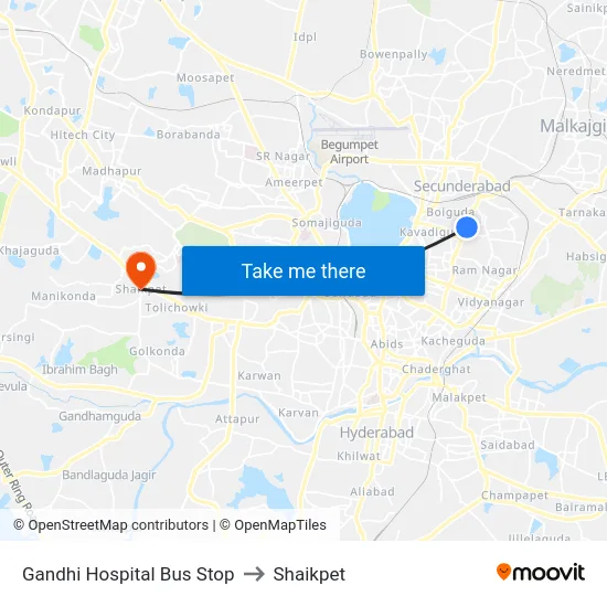 Gandhi Hospital Bus Stop to Shaikpet map