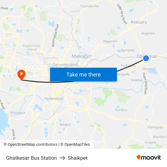 Ghatkesar Bus Station to Shaikpet map