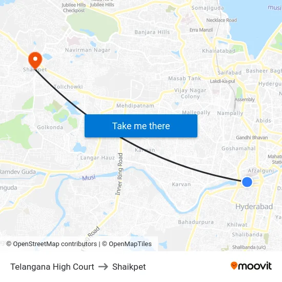 Telangana High Court to Shaikpet map