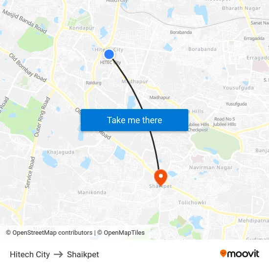 Hitech City to Shaikpet map