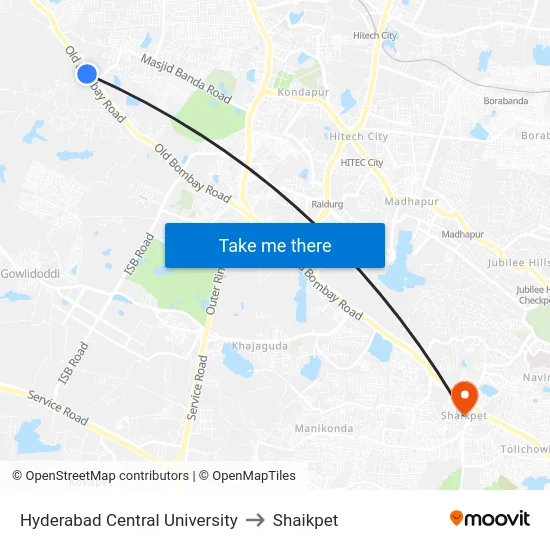 Hyderabad Central University to Shaikpet map