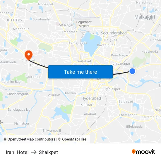 Irani Hotel to Shaikpet map