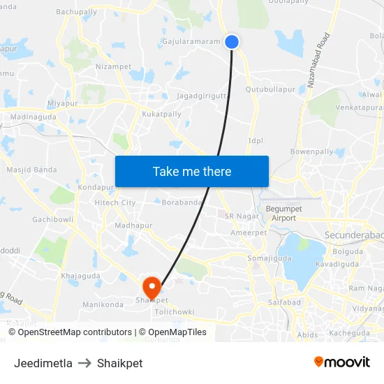 Jeedimetla to Shaikpet map