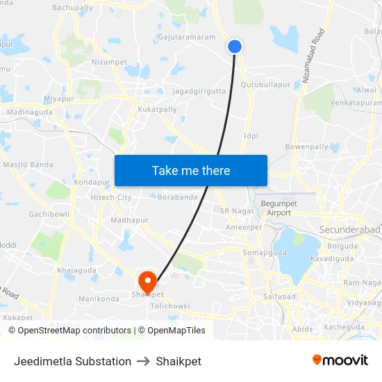 Jeedimetla Substation to Shaikpet map