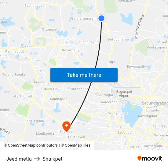 Jeedimetla to Shaikpet map