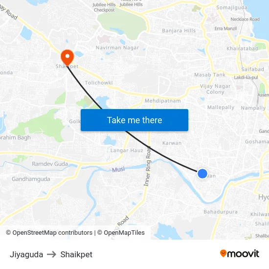 Jiyaguda to Shaikpet map