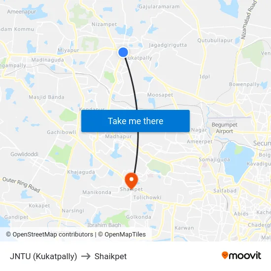 JNTU (Kukatpally) to Shaikpet map