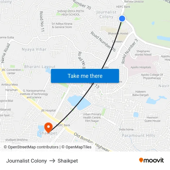 Journalist Colony to Shaikpet map