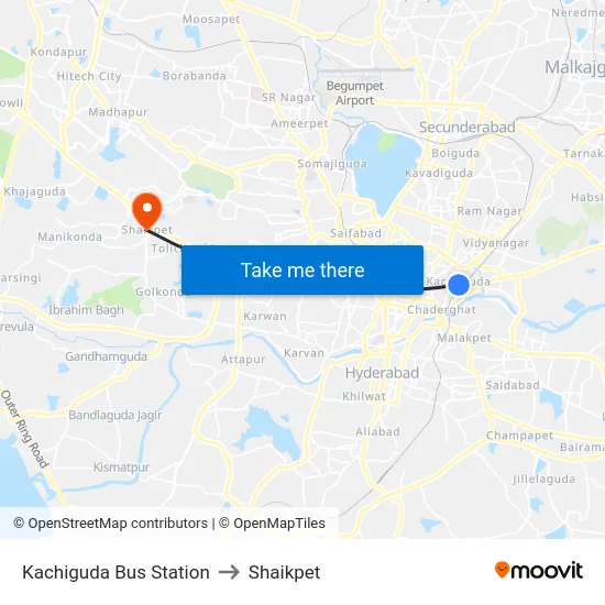 Kachiguda Bus Station to Shaikpet map