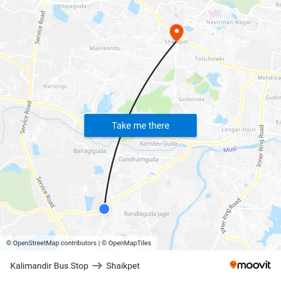 Kalimandir Bus Stop to Shaikpet map