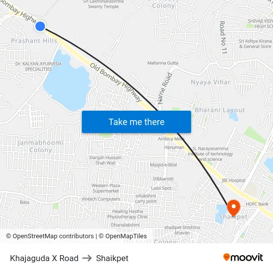 Khajaguda X Road to Shaikpet map