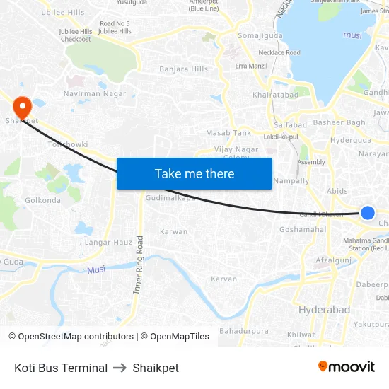 Koti Bus Terminal to Shaikpet map