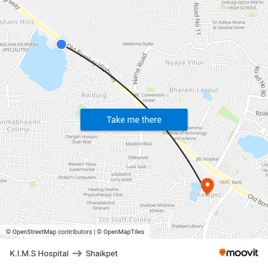 K.I.M.S Hospital to Shaikpet map