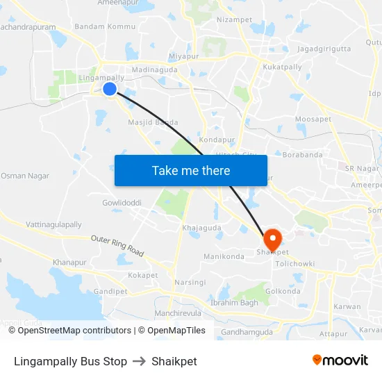 Lingampally Bus Stop to Shaikpet map