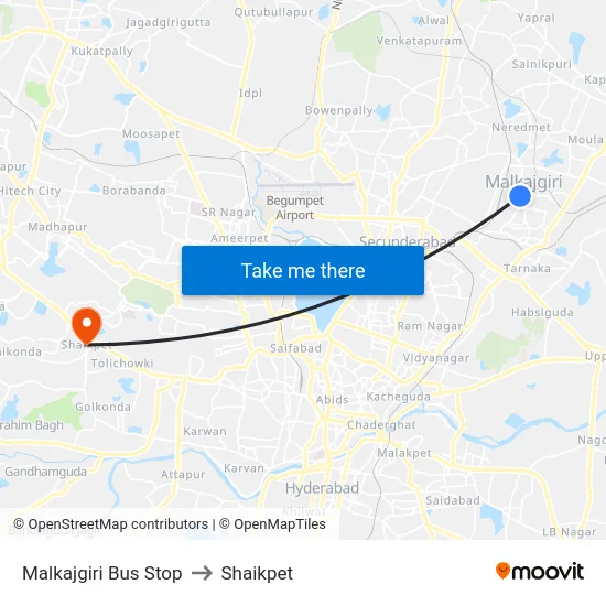 Malkajgiri Bus Stop to Shaikpet map