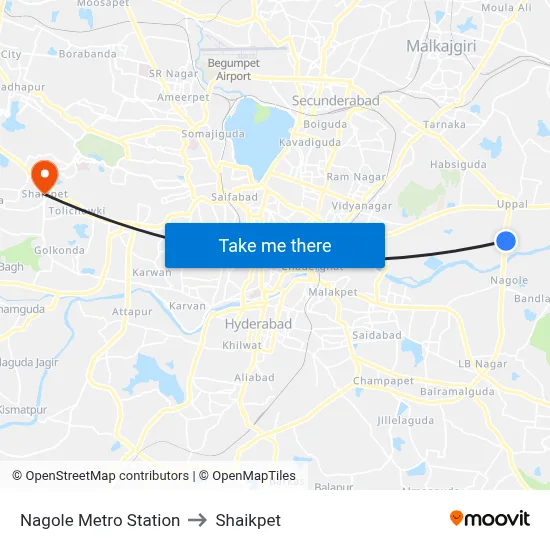 Nagole Metro Station to Shaikpet map