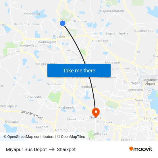 Miyapur Bus Depot to Shaikpet map
