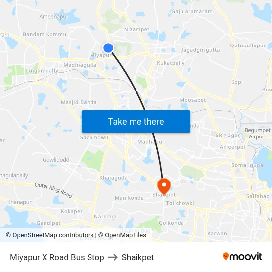 Miyapur X Road Bus Stop to Shaikpet map