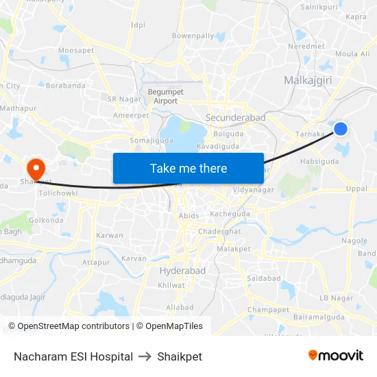 Nacharam ESI Hospital to Shaikpet map