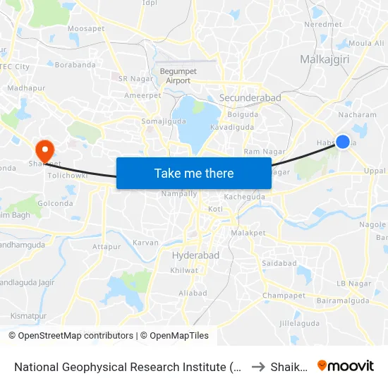 National Geophysical Research Institute (N.G.R.I) to Shaikpet map