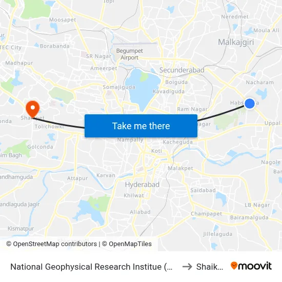 National Geophysical Research Institue (N.G.R.I) to Shaikpet map