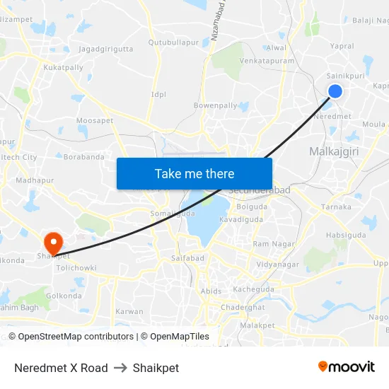 Neredmet X Road to Shaikpet map