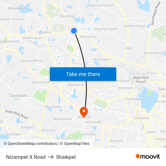 Nizampet X Road to Shaikpet map