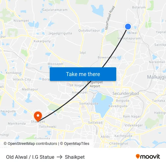 Old Alwal / I.G Statue to Shaikpet map