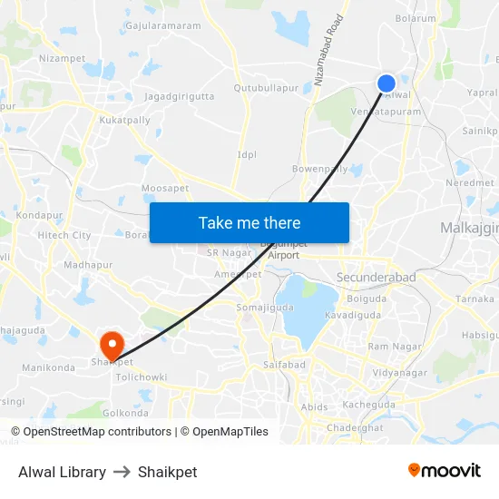 Alwal Library to Shaikpet map