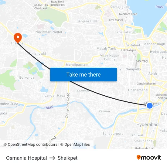 Osmania Hospital to Shaikpet map