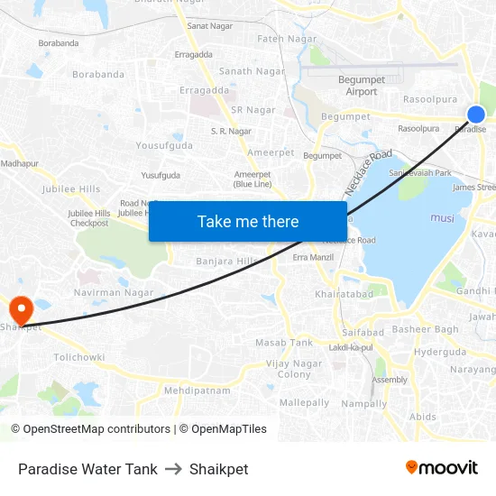 Paradise Water Tank to Shaikpet map