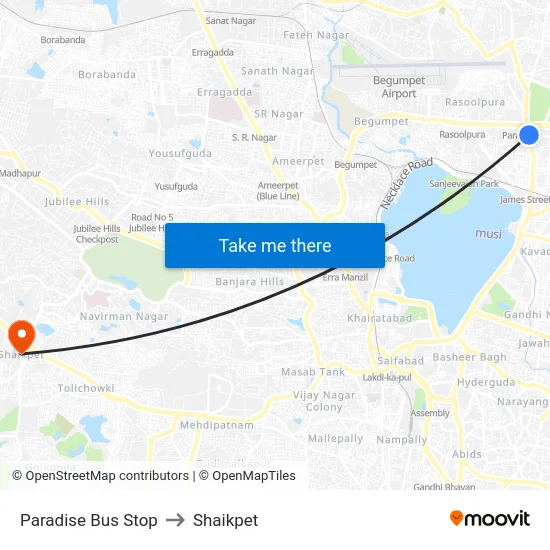 Paradise Bus Stop to Shaikpet map
