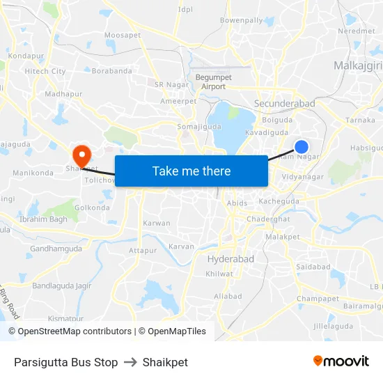 Parsigutta Bus Stop to Shaikpet map