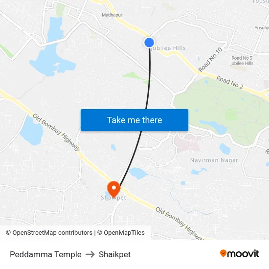 Peddamma Temple to Shaikpet map