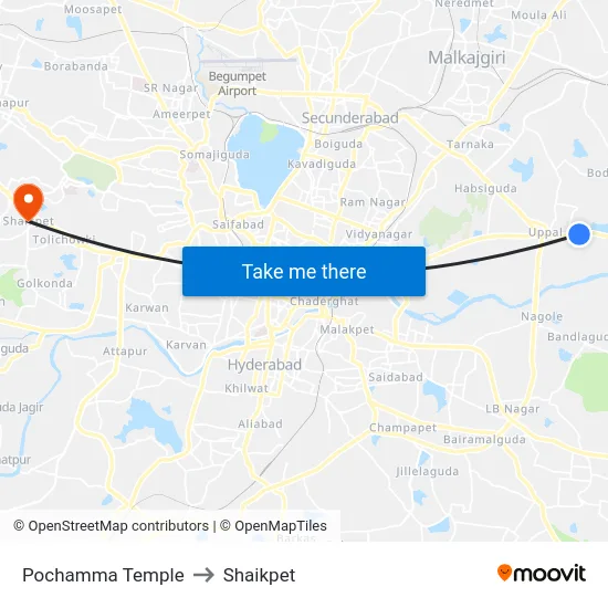 Pochamma Temple to Shaikpet map
