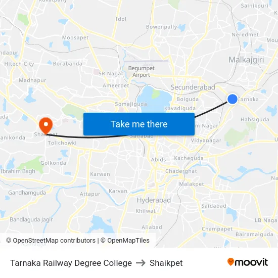 Tarnaka Railway Degree College to Shaikpet map