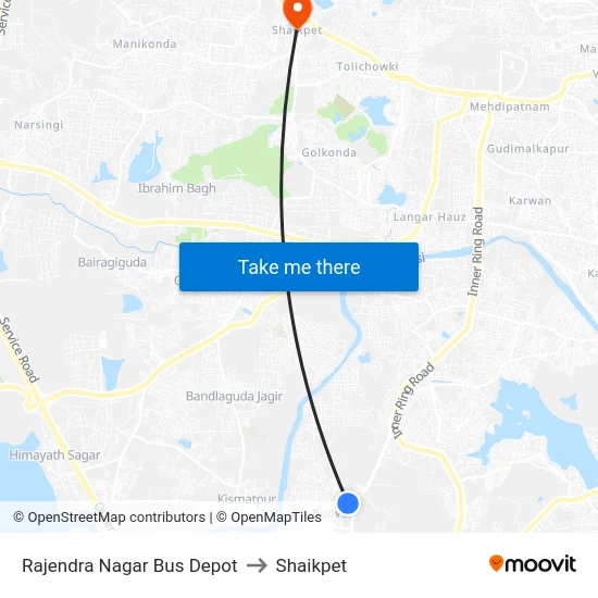 Rajendra Nagar Bus Depot to Shaikpet map