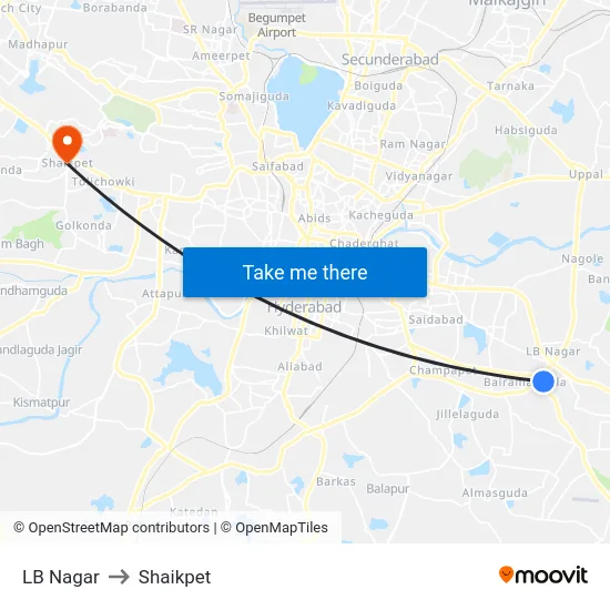 LB Nagar to Shaikpet map