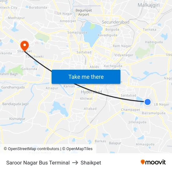 Saroor Nagar Bus Terminal to Shaikpet map