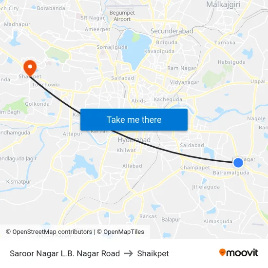 Saroor Nagar L.B. Nagar Road to Shaikpet map