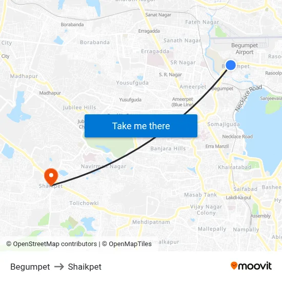 Begumpet to Shaikpet map
