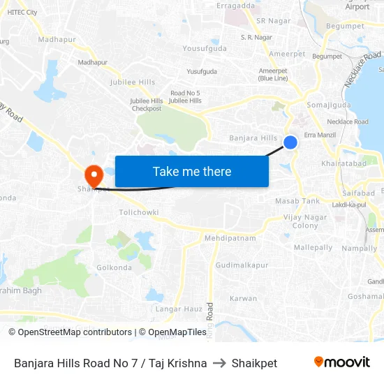 Banjara Hills Road No 7 / Taj Krishna to Shaikpet map