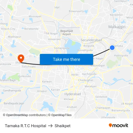 Tarnaka R.T.C Hospital to Shaikpet map